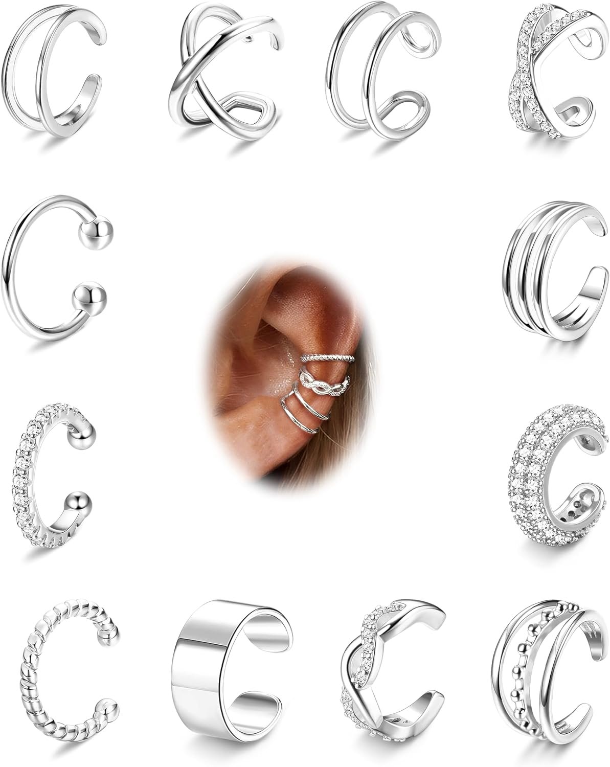 12Pcs Ear Cuff Earrings for Women Non Piercing 14K Gold Plated Ear Cuffs Non Pierced Clip on Cartilage Earring Adjustable Fake Earrings