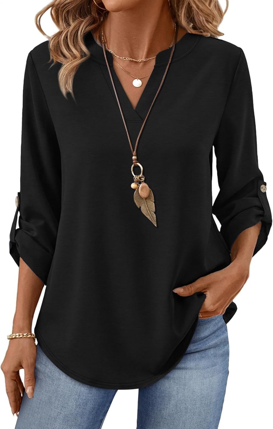 XIEERDUO 3/4 Length Sleeve Womens Tops V Neck T Shirts Both Side Buttons Blouses Business Casual Outfits Loose Fit