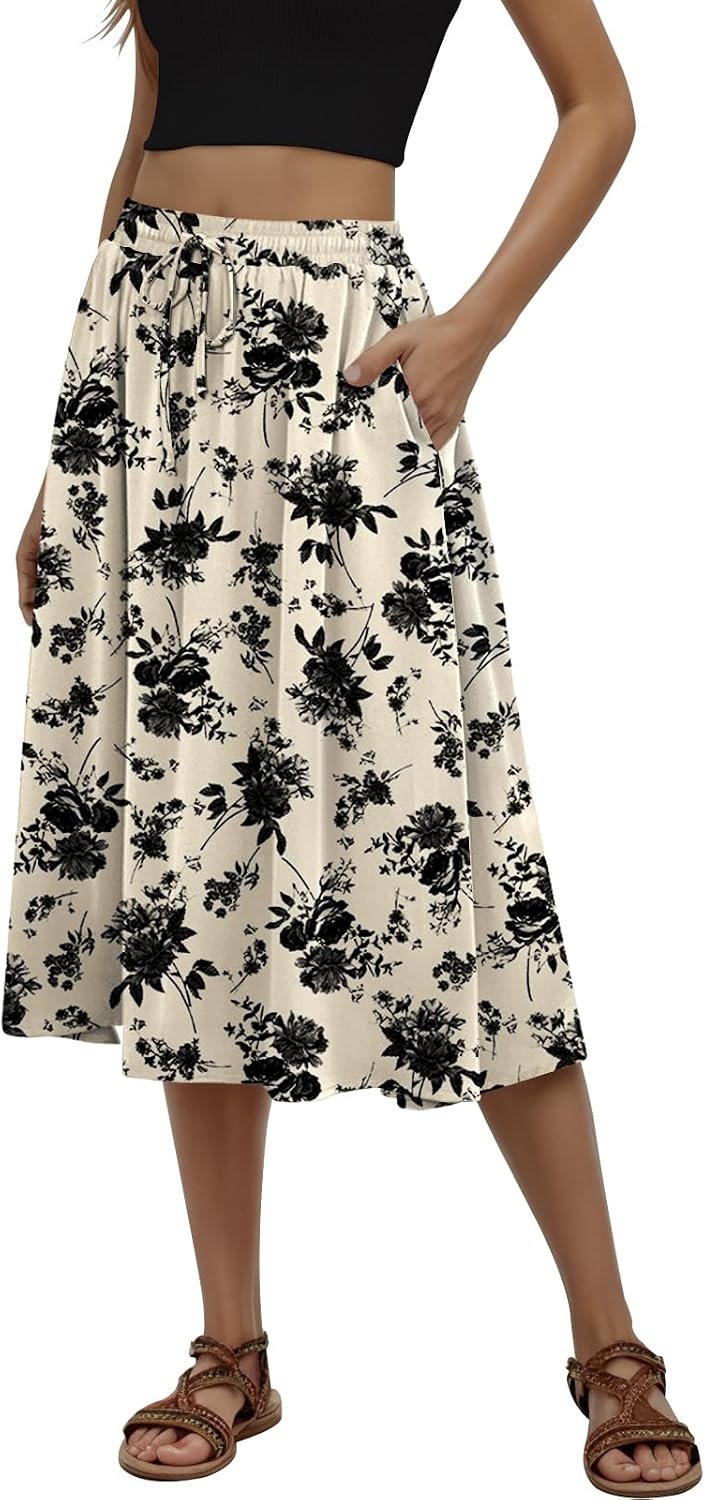 MLXSJ Women’s Midi Skirt Summer Pleated Flowy Skirts with Pockets S-3XL