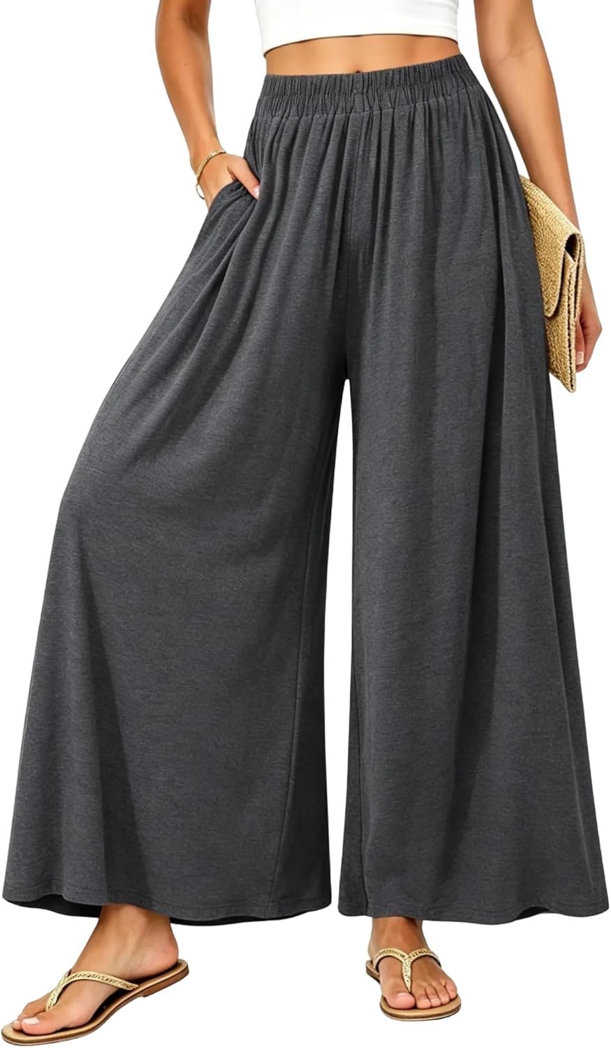 Womens Wide Leg Pants Pockets Loose Palazzo Pants High Waisted Pull On Flowy Stretch Trousers Casual Lounge Bottom