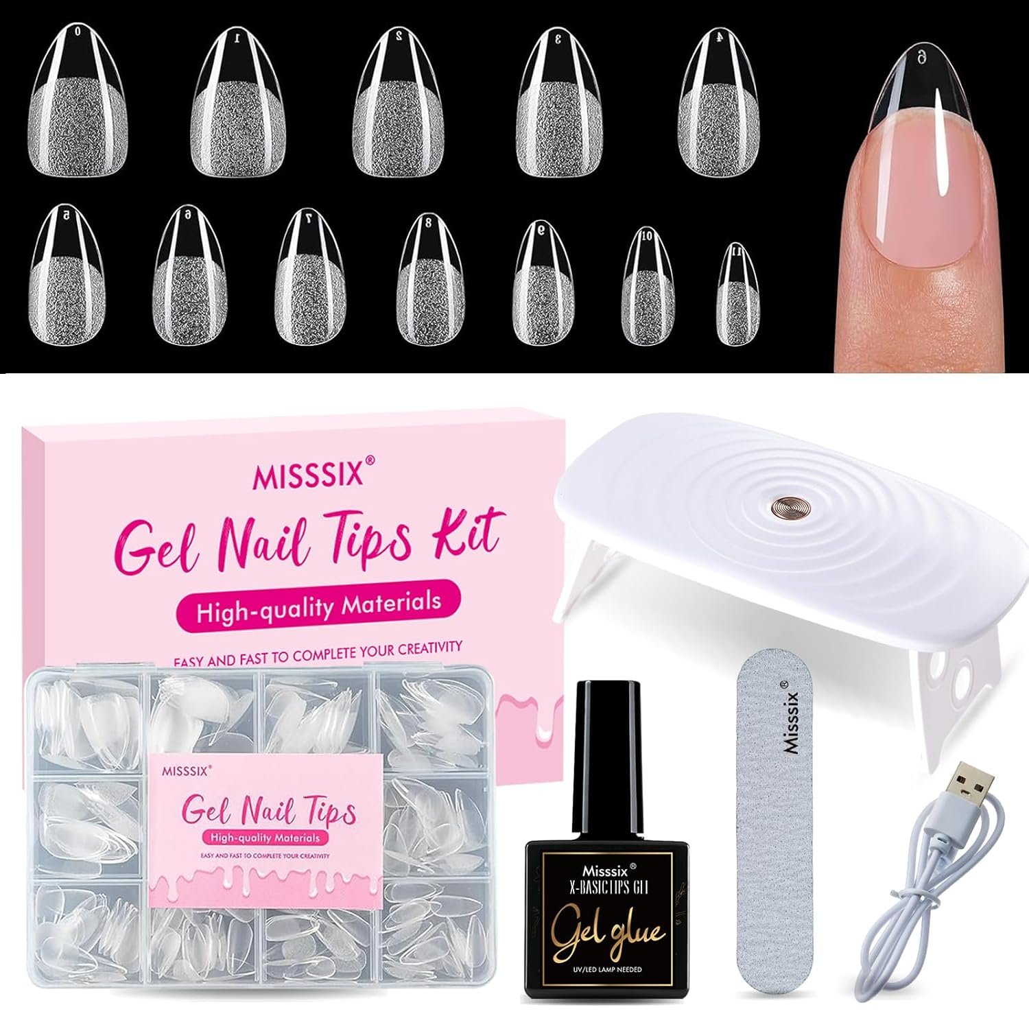 Misssix Short Almond Gel x Nail Kit, 360Pcs Pre Etched Clear Nail Tips