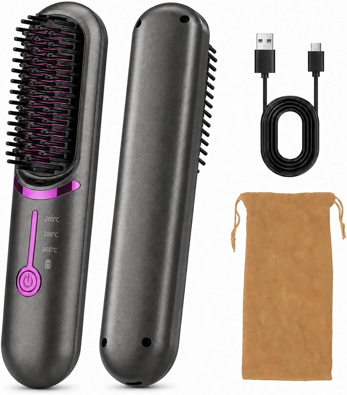 Hair Straightener Brush 2 in 1, Hair Straightener Comb 5200mAh, Cordless Hair Straightener for Women, Straightening Brush 3 Temps, 160-200°C, Ceramic, Fast Heating, Anti-Scald, Rechargeable
