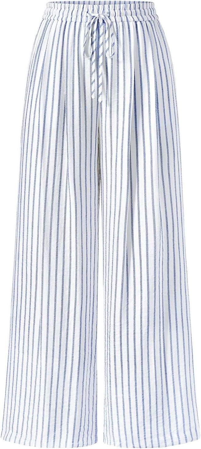 PRETTYGARDEN Womens Pants Elastic Waist Striped Lightweight Palazzo Pant