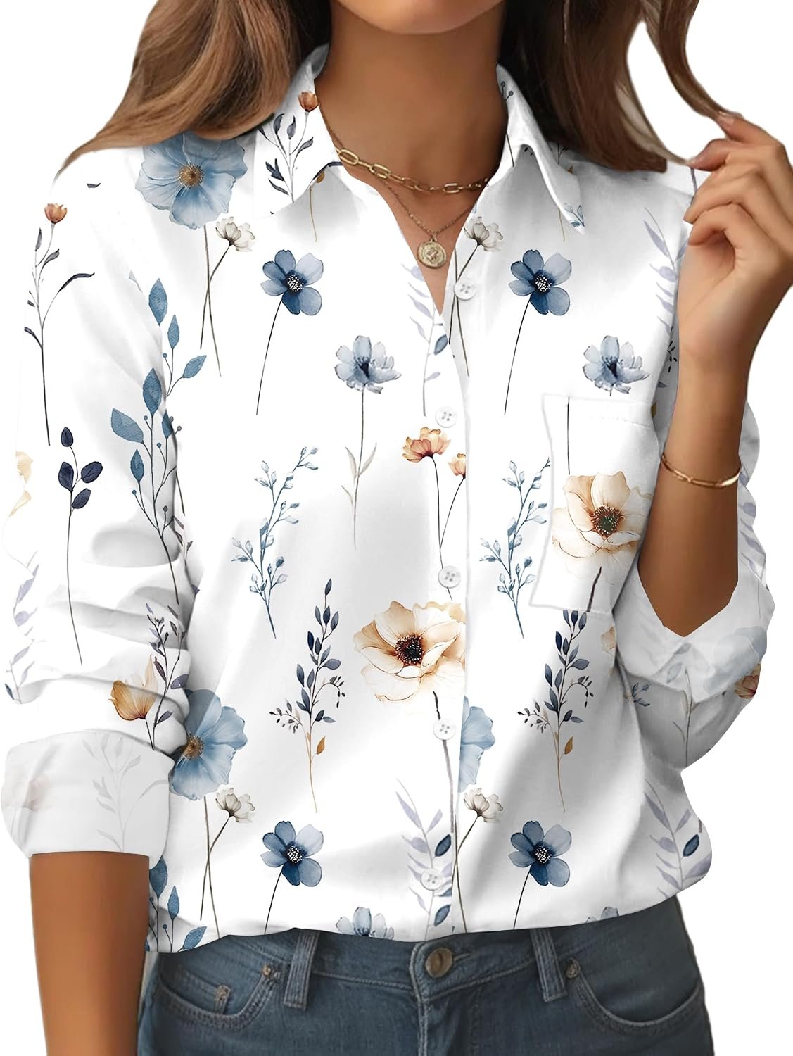 Zeagoo Womens Floral Button Down Shirt Long Sleeve Work Blouse with Pocket