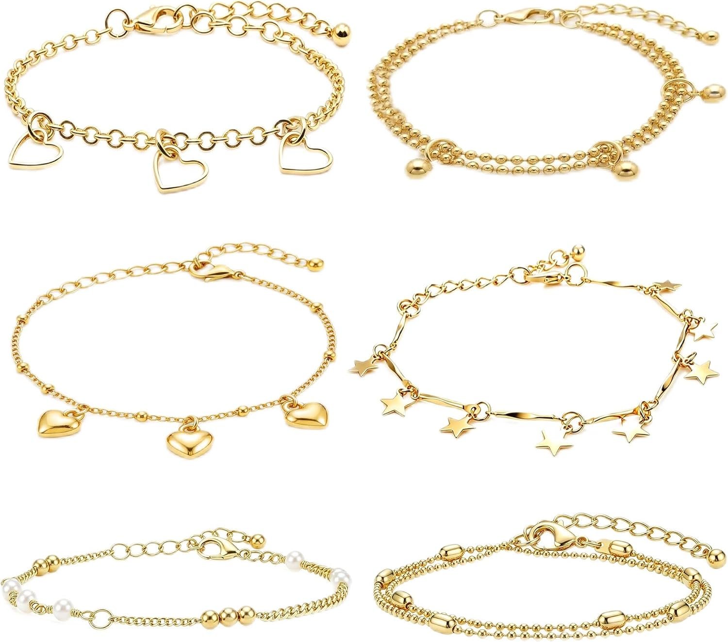 6 Pcs Charm Bracelets for Women,Adjustable Stackable Bracelet Set with Heart Star Pearl Beaded Chains, Dainty Layered Jewelry Gift for Anniversary Valentine Birthday Mothers Day