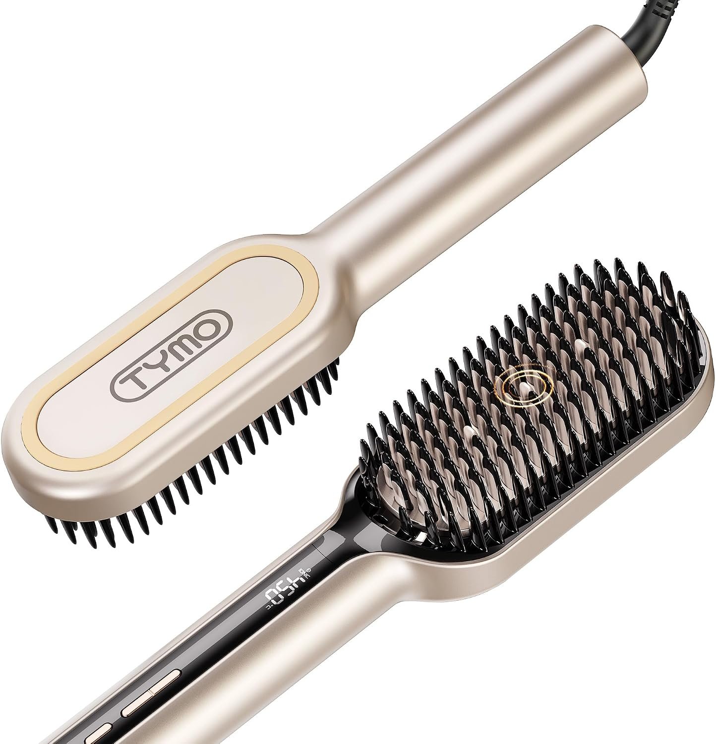 TYMO Hair Straightener Brush – Upgraded Ionic Plus Straightening Brush with Dense Bristles, 16 Temps, Dual Voltage | Ceramic Hot Comb for Women | Flat Iron for Thick Curly Hair, Gold