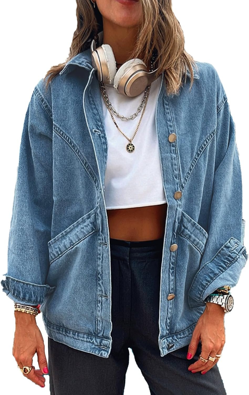 Women’s Casual Oversized Button Up Denim Jackets Shacket Long Sleeve Pockets Denim Jean Jacket with Huge Pockets