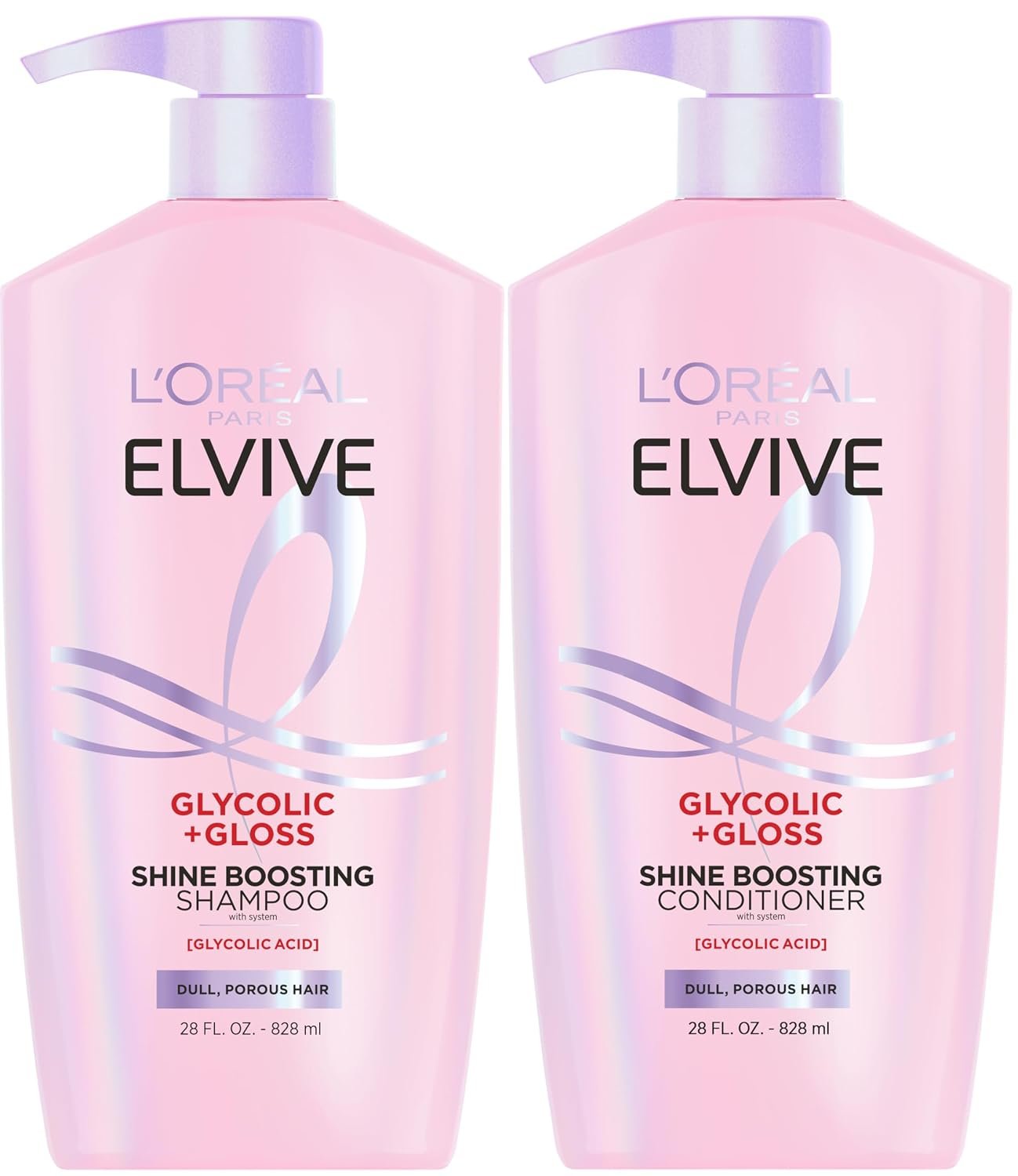 L’Oreal Paris Elvive Glycolic + Gloss Shine Boosting Shampoo and Conditioner Set, Cleanses and Smooths Dull, Porous Hair Into High-Shine, Glossy Hair, 56 Fl Oz Set
