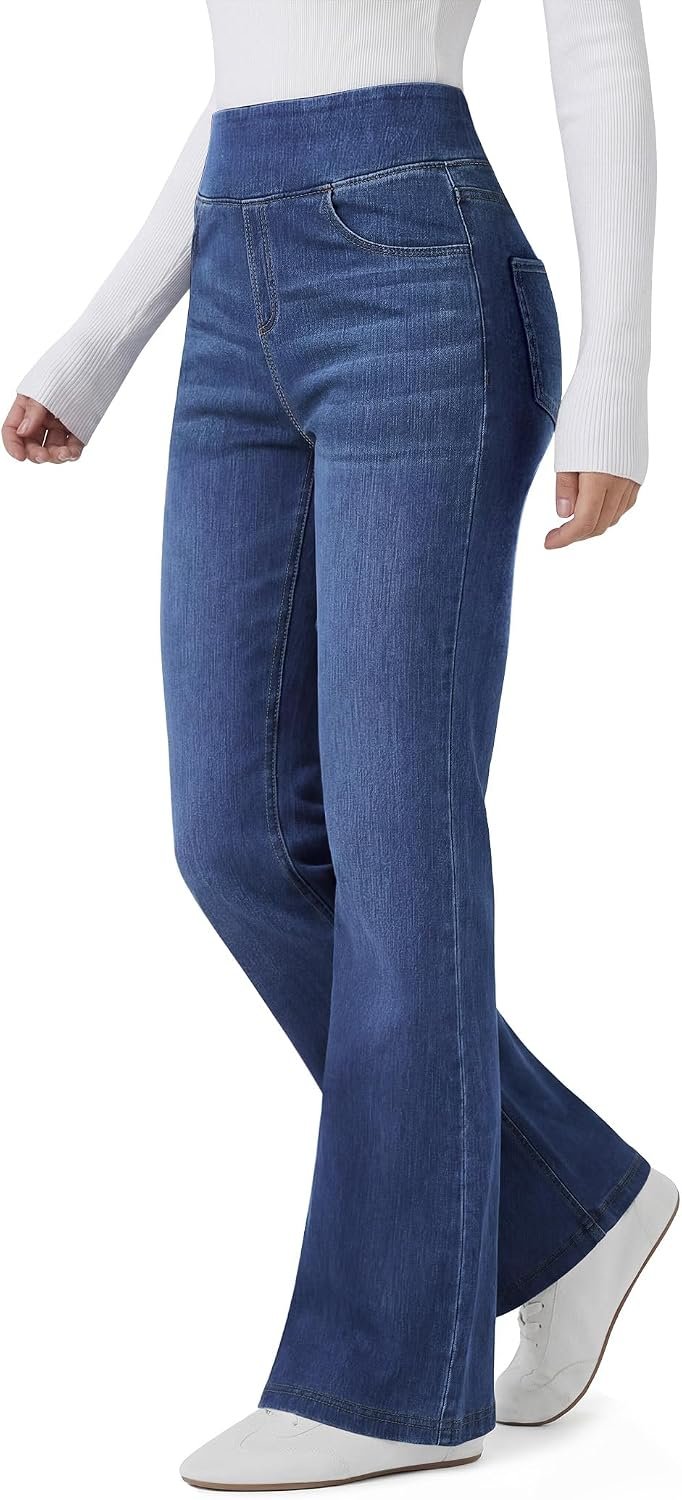 FireSwan Women’s Trendy Stretchy Flare Jeans Pull On Casual Denim Pants | High Waisted Jeans with Pockets, Bootcut Leg, Soft Stretch Denim, Elastic Waist, Loose Fit, Casual Daily Wear, Work, Travel