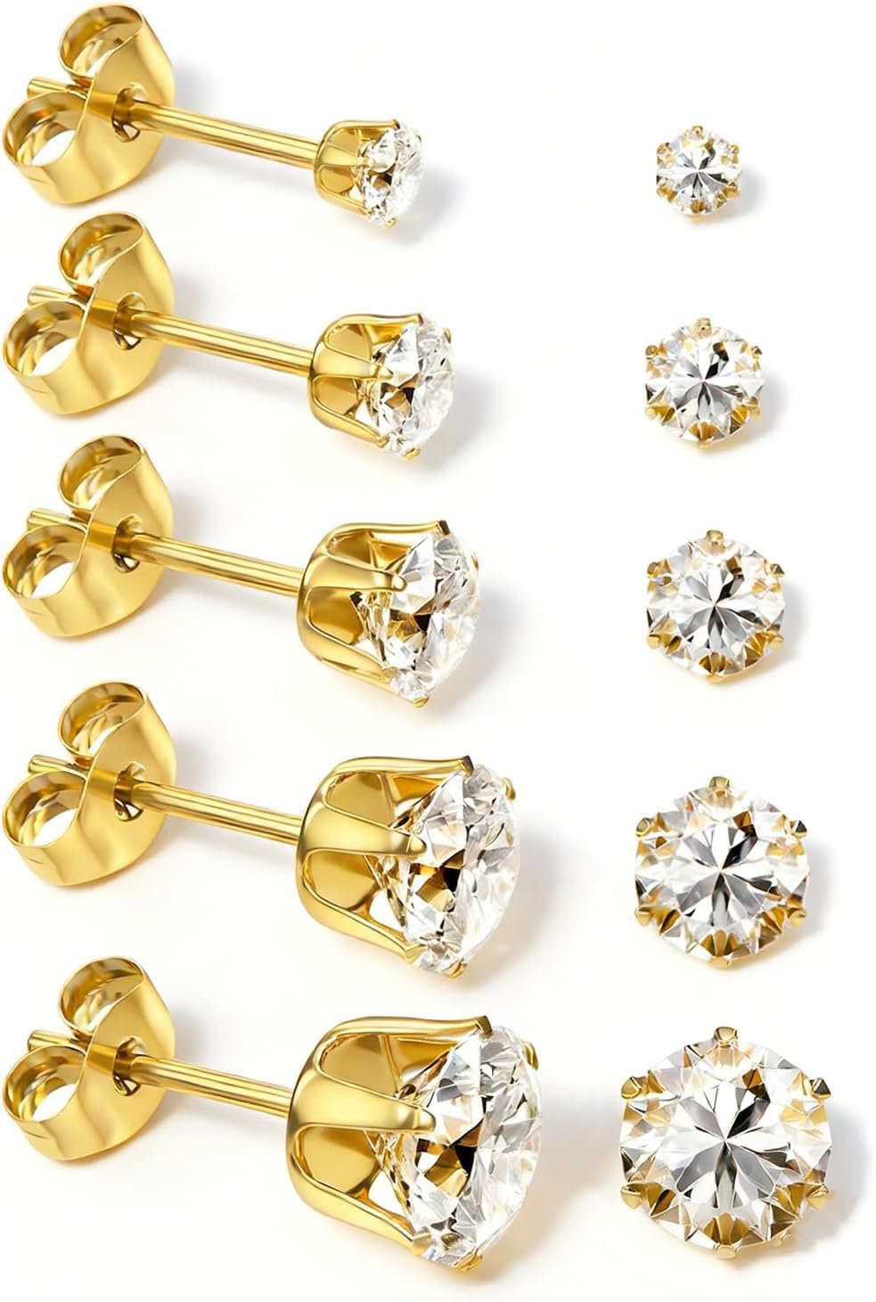 5 Pairs 14K Gold Silver Stainless Steel Stud Earrings Set for Women Men | 3/4/5/6/7mm Cubic Zirconia CZ Stud Earring, 14K Gold Silver, Hypoallergenic, Lightweight, 316L Surgical, Multiple Piercing
