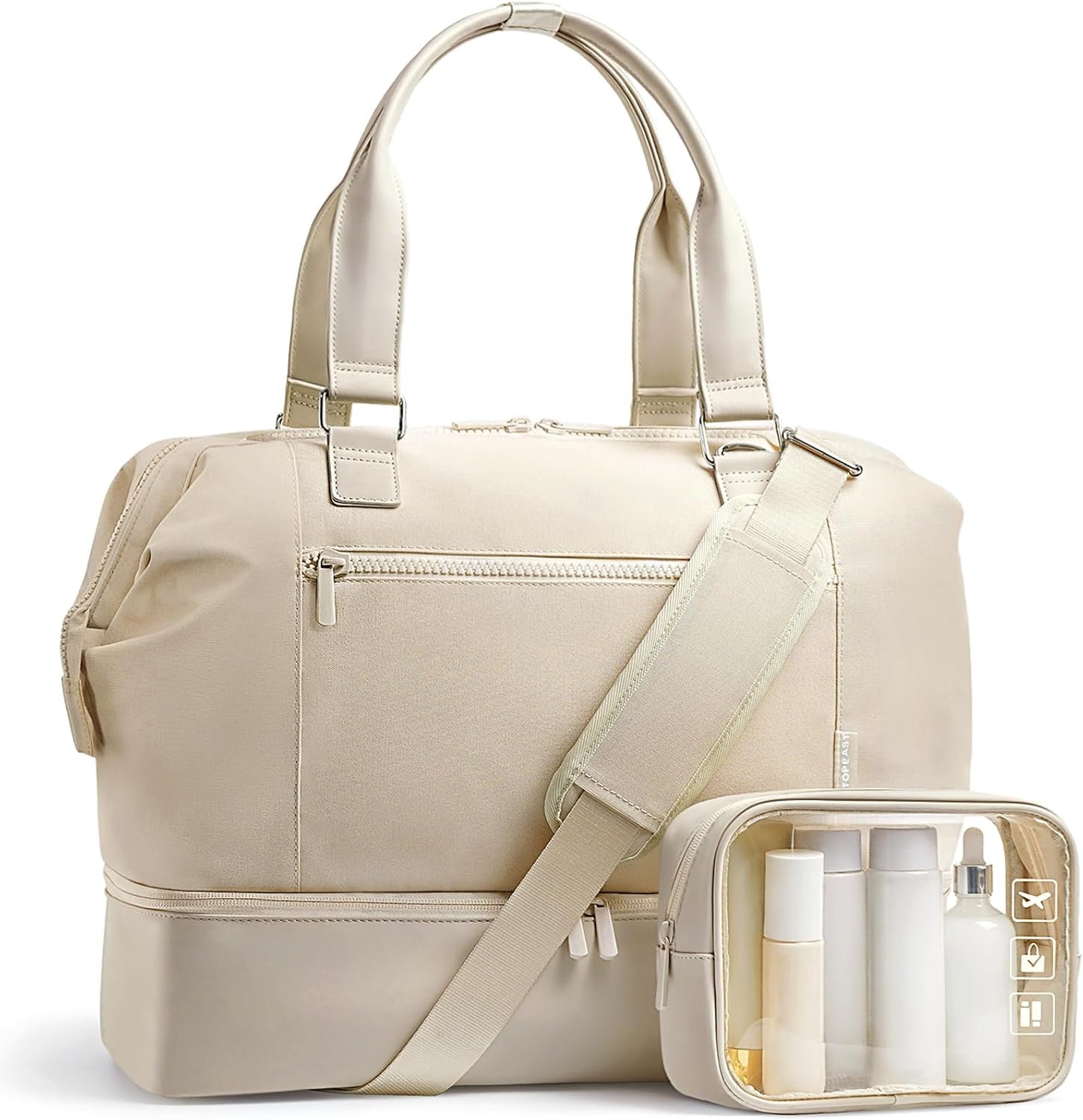 Travel Duffle Bag for Women, 40L Weekender Bags Airline Approved Carry On with Shoe Compartment & Waterproof Wet Pocket, Durable Nylon Weekender Overnight Bag for Travel, Gym, Business Trip, Beige