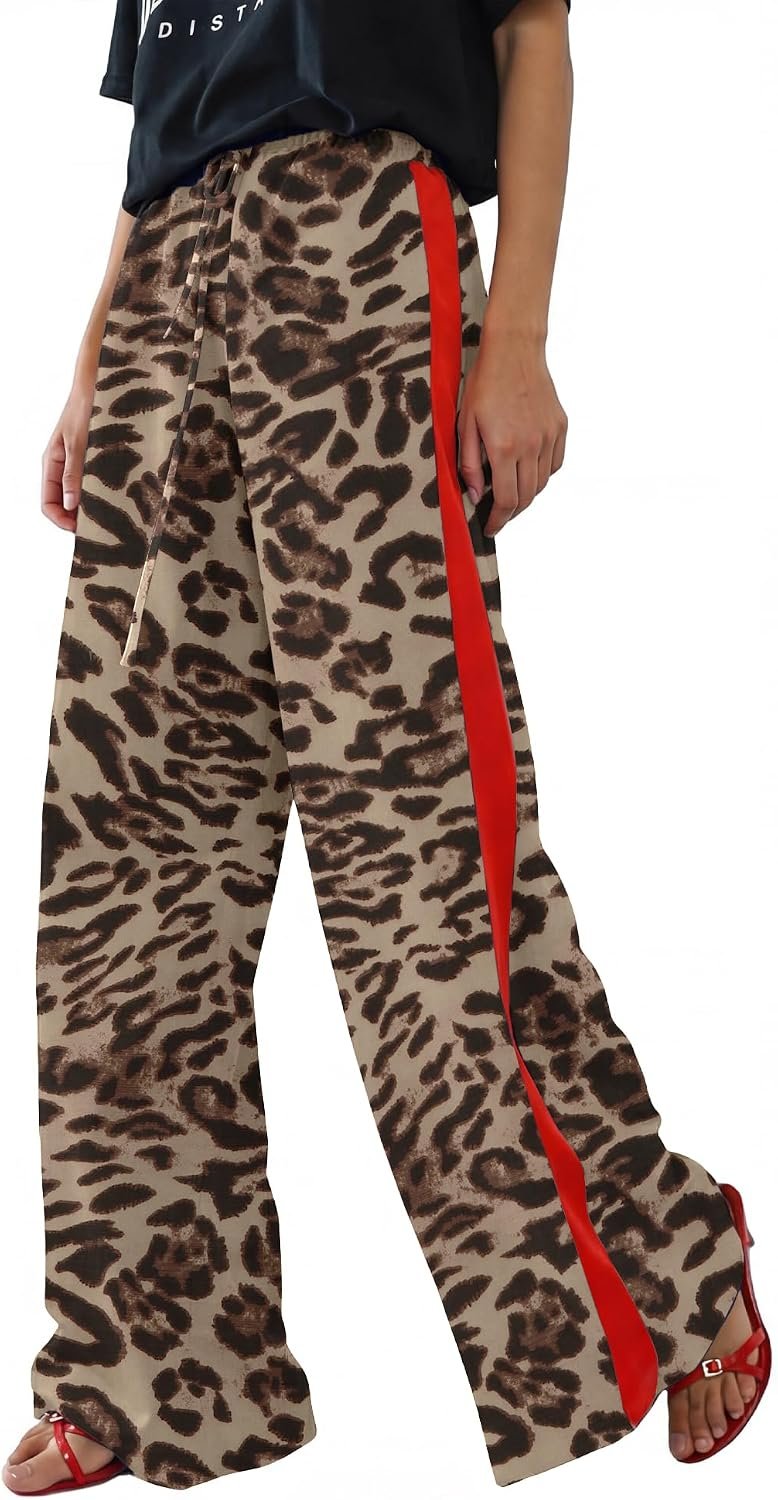 Rapbin Womens Leopard Wide Leg Pants Flowy Side Striped Palazzo Trousers