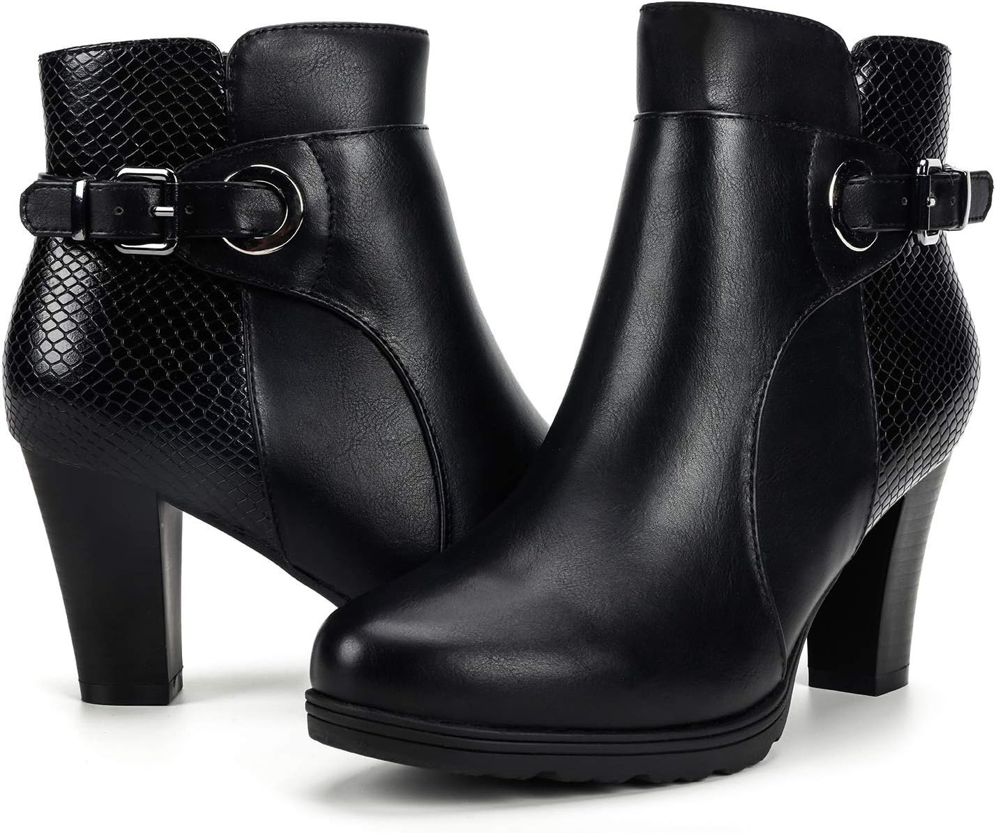 mysoft Women’s Chunky Stacked Heel Ankle Boots Zipper Buckle Booties