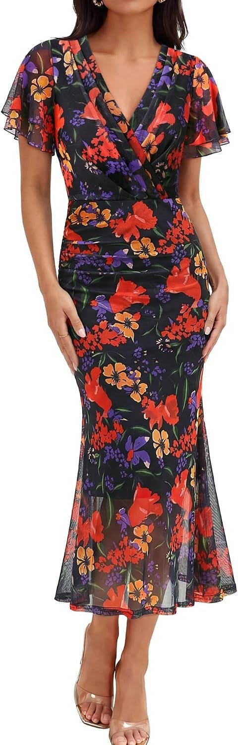 Gaharu Women’s Summer Floral Bodycon Wedding Guest Cocktail Maxi Dress | Elegant flattering silhouette – Comfort fabric stretchy – Perfect for Wedding Guest, Cocktails, Parties, Vacations, Formal