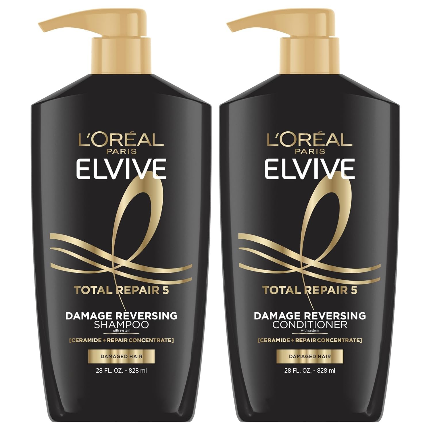L’Oreal Paris Elvive Total Repair 5 Damage Reversing Shampoo and Conditioner Set for Dry and Damaged Hair, Hair Repair Formula with Protein and Ceramide, 56 Fl Oz Set