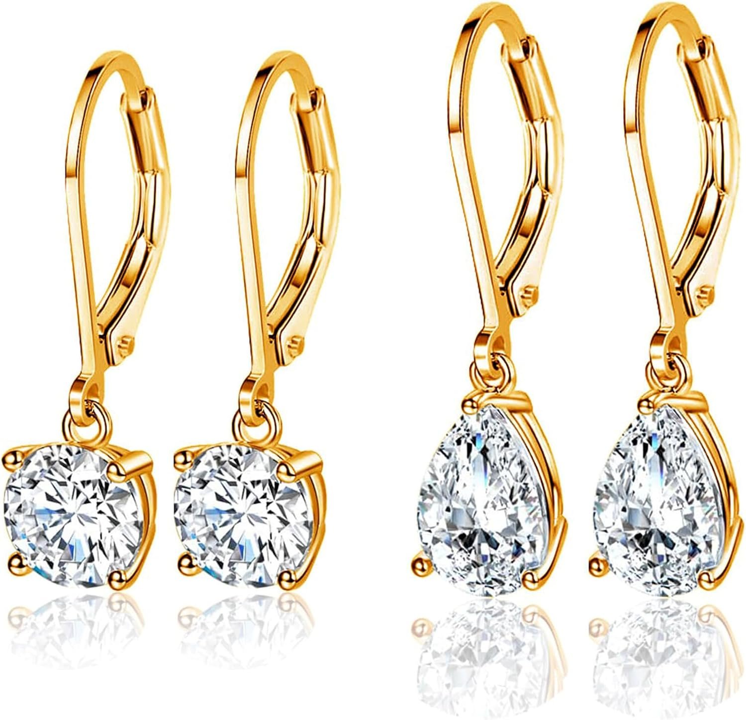 MDFUN 18K Gold Plated Dangle Earrings for Women Leverback Earring Set | Round/Square/Teardrop/Oval Cubic Zirconia Drop Earrings Hypoallergenic Jewelry Gifts for Sensitive Ears