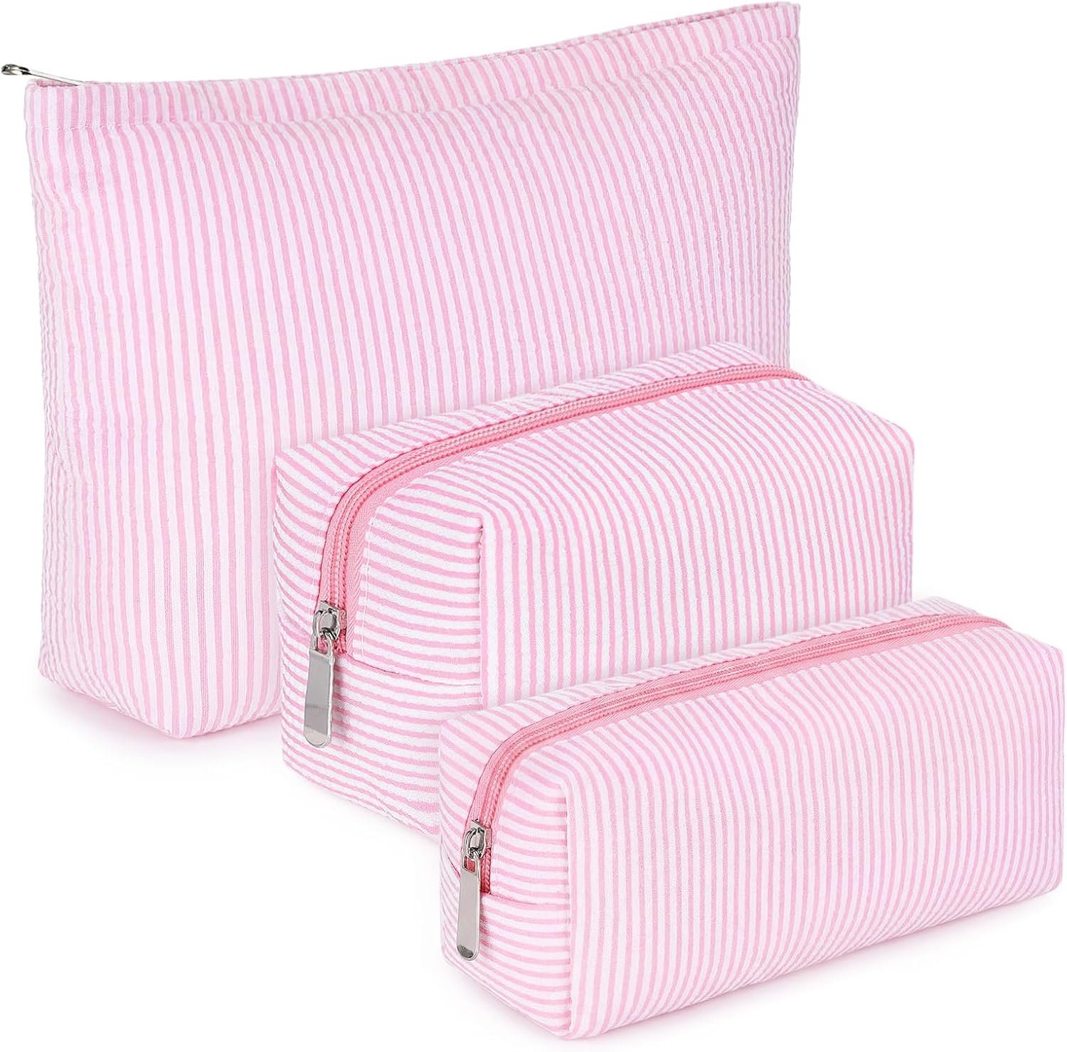 Huhumy 3 Pcs Makeup Bag Set Cute Stripe Cosmetic Pouch for Women Aesthetic Seersucker Travel Toiletry Bag Set Preppy Small Makeup Purse Pouch Cosmetic Organizer Pencil Case with Zipper(Pink)