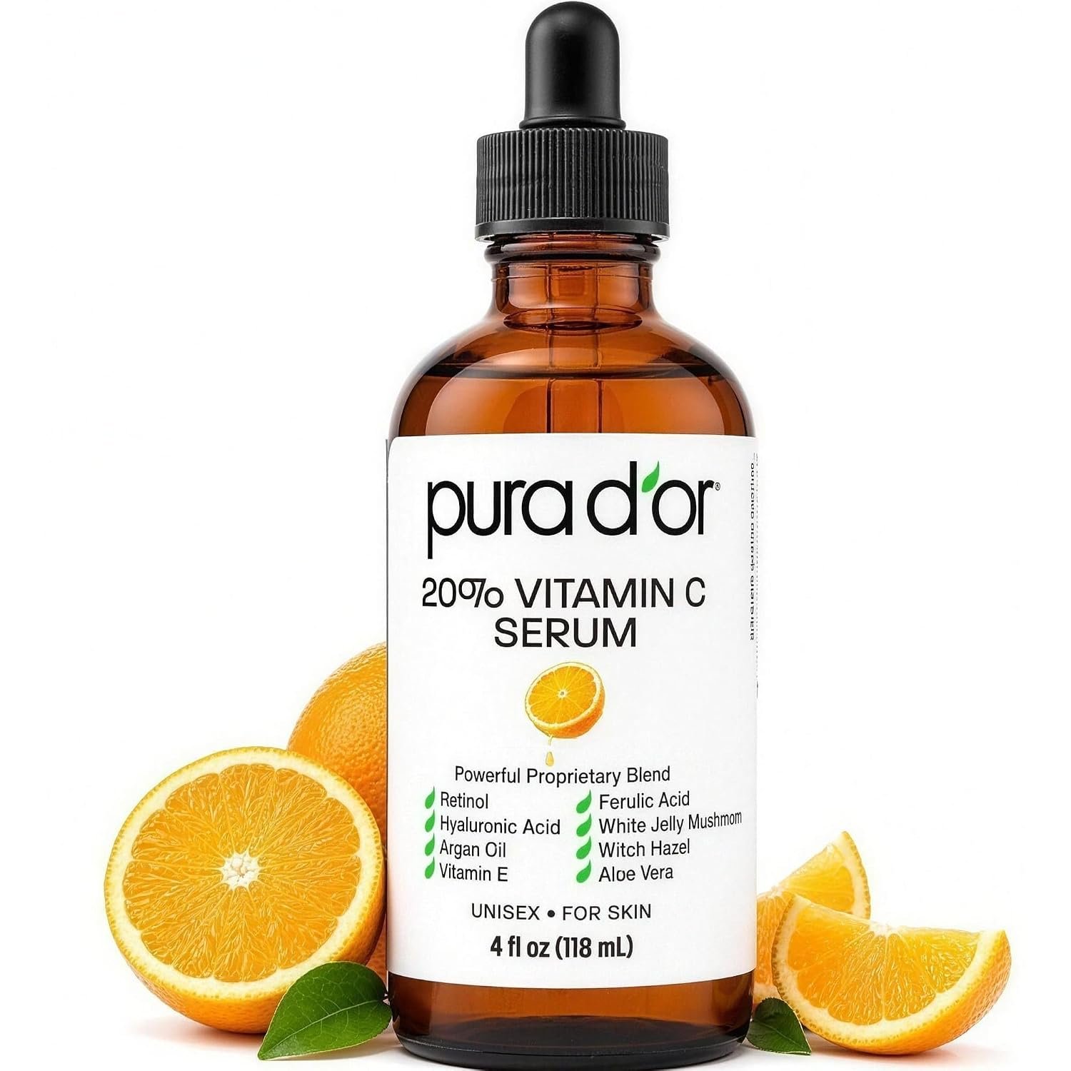 PURA D’OR 20% Vitamin C Anti-Aging Facial Serum, 4 fl oz | Smoother-Looking Texture, pH Balanced, Ferulic Booster, Antioxidant Support, Uneven Tone, Lightweight, Vegan, Cruelty-Free