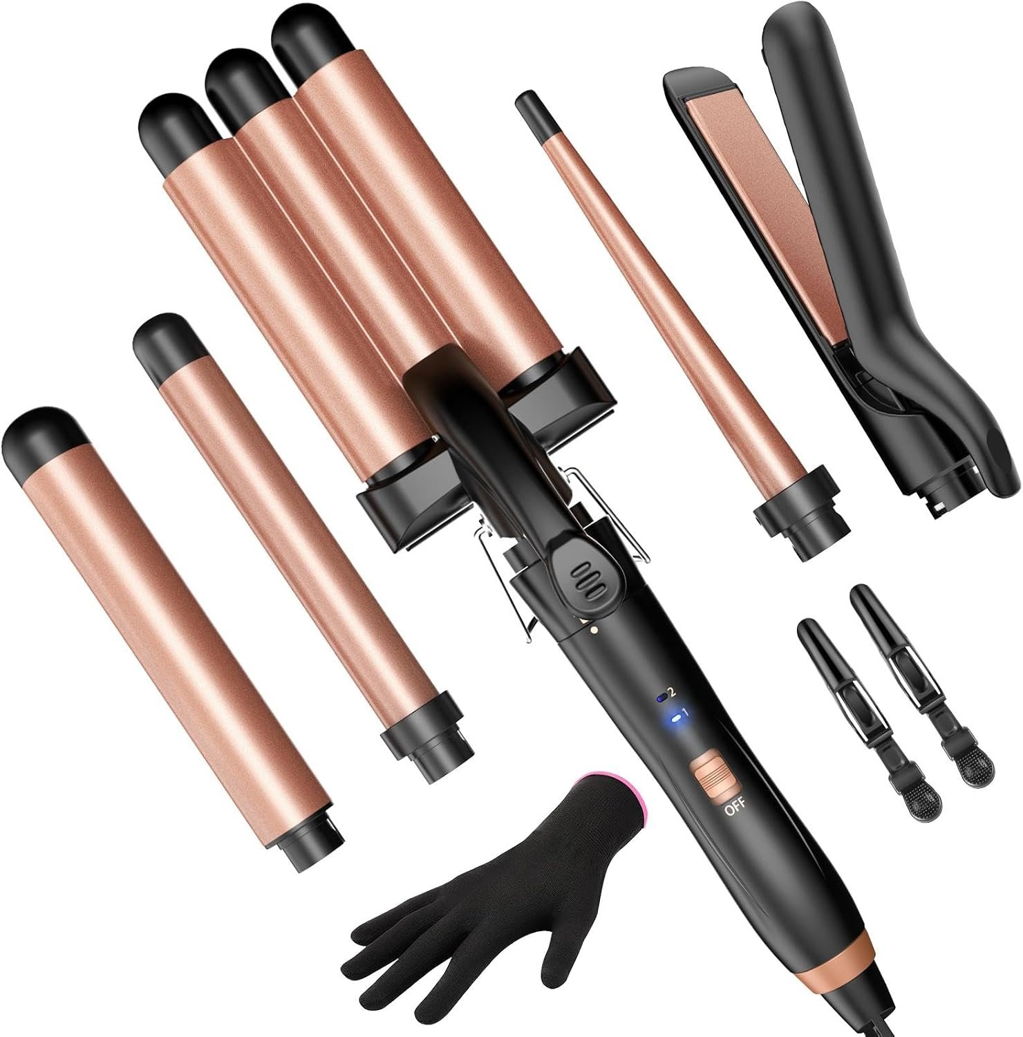 5 in 1 Wand Curling Iron-Kinked Curling Wand Set with Flat Iron Hair Straightener, 3 Barrels Hair Crimper, 3 Ceramic Curling Irons (0.35″-1.25″), 2 Temps Fast Heat Hair Waver Curler, Rose Gold