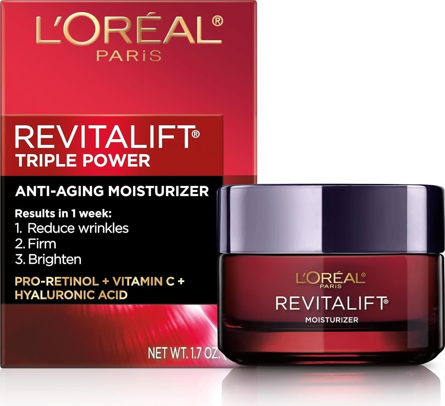 L’Oreal Paris Revitalift Triple Power Anti-Aging Face Moisturizer, Pro Retinol, Hyaluronic Acid & Vitamin C to Reduce Wrinkles, Firm & Brighten Skin, 1.7 Oz