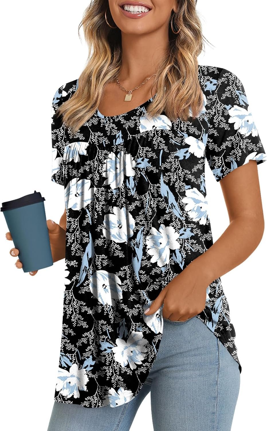 LONGYUAN Womens Tunic Tops 2026 Short Sleeve Shirts Summer Casual Tee Comfy Blouses S-4XL