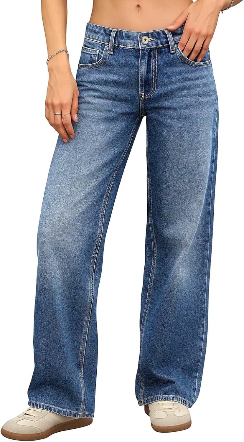 ELLEVEN Low Rise Baggy Jeans for Women, Straight Leg Denim Pants