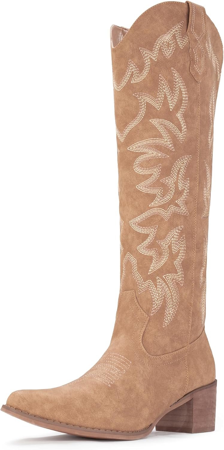 IUV Women’s Cowboy Boots Knee High Western Snip Toe Side Zipper Chunky Heel