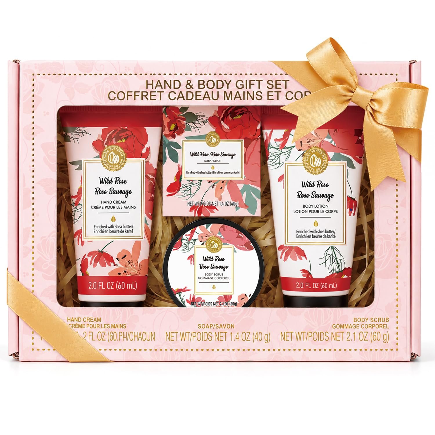BODY & EARTH # LOVE Hand Cream Gifts Set for Women, 4PCS Wild Rose Bath and Body Gift Set with Hand Cream, Body Lotion, Body Scrub, Soap, Self Care Kit Spa Gifts for Women Birthday Gift for Her