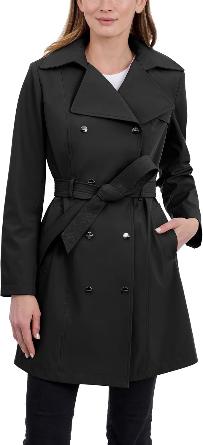Calvin Klein Women’s Trench Coat, Double Breasted With Detachable Hood and Belt