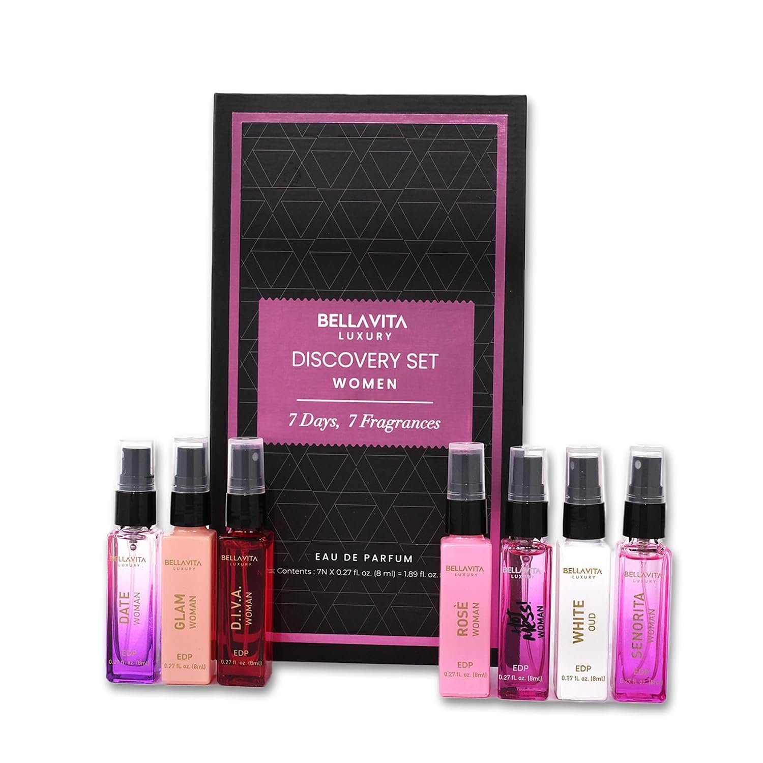 Bellavita Luxury Women’s Perfume Discovery Gift Set with Date, Glam, Diva, Rose, Hot Mess, White Oud, and Senorita | 7 X 8ml | Floral, Fresh, Fruity Scent Profile