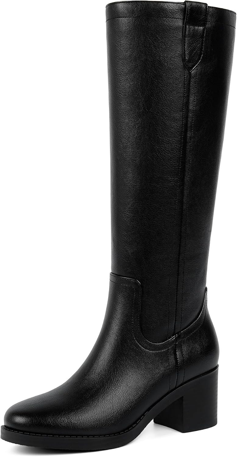 Easyfox Knee High Boots for Women Chunky Low Heel Round Toe Tall Long Boots