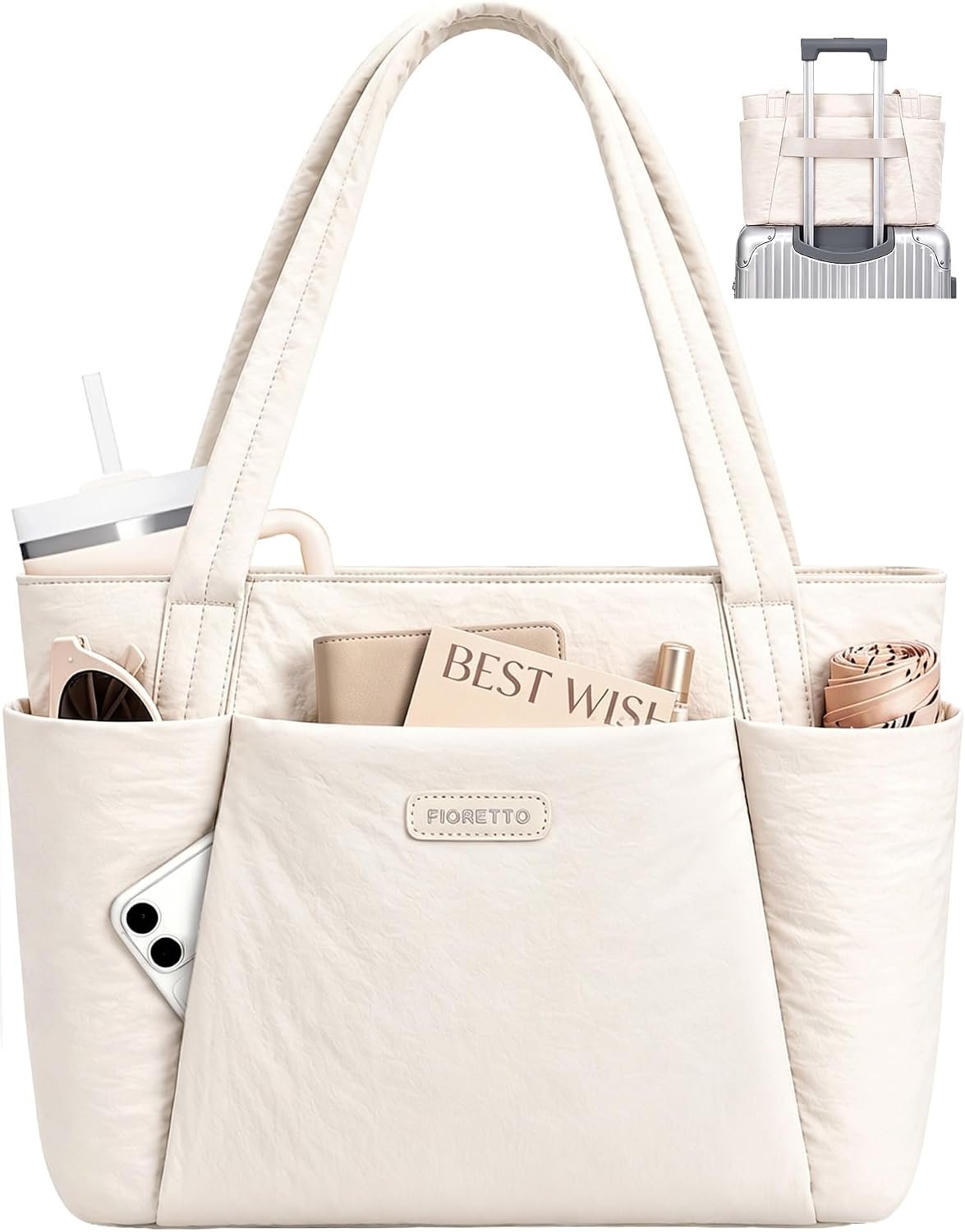 FIORETTO Puffer Tote Bag for Women, Work Tote Bag with Laptop Compartment, Zipper & Pockets for Travel, Nursing, College