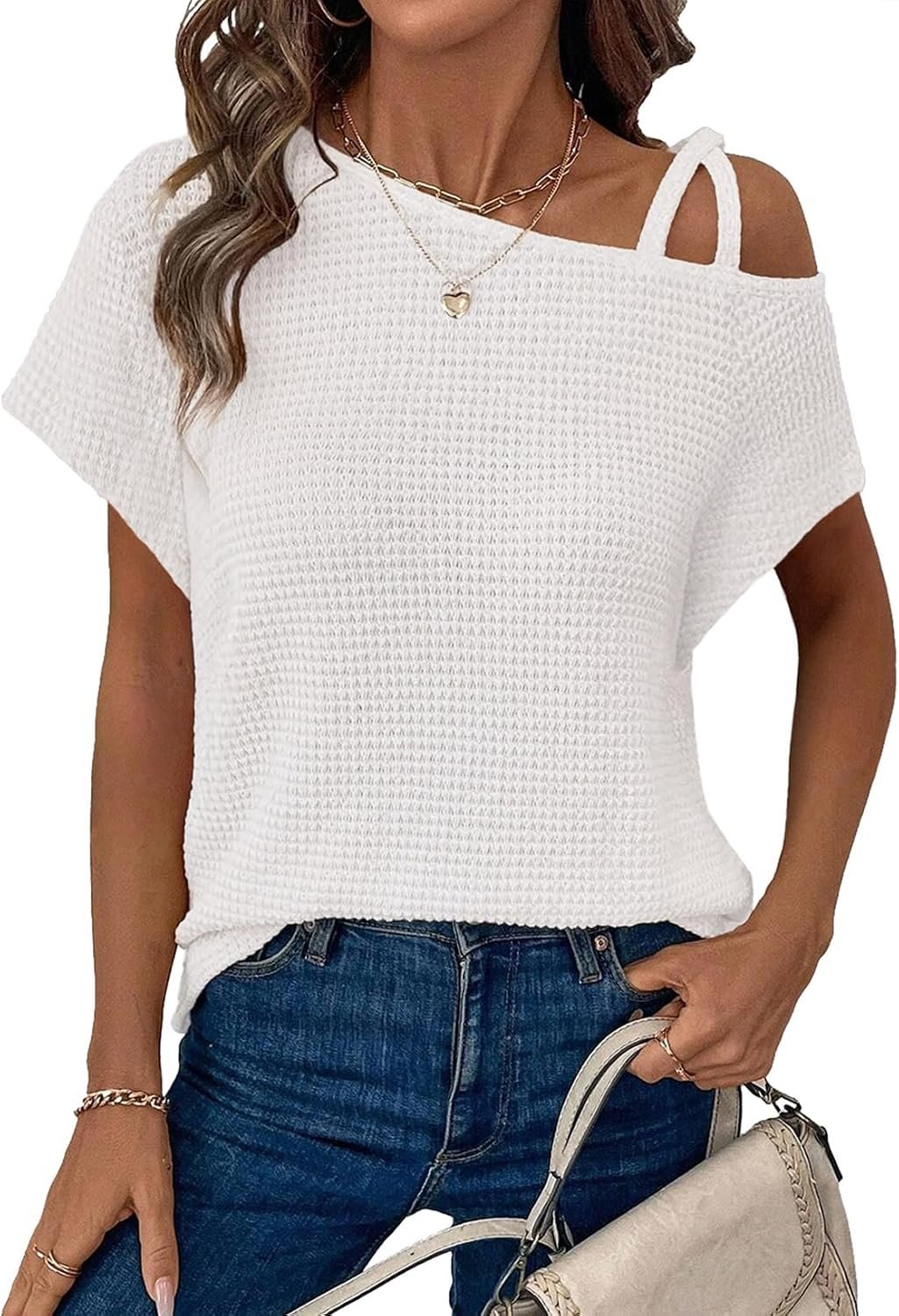 Dokotoo Womens Summer Tops Off One Shoulder Waffle Knit Short Sleeve T-Shirts Casual Lightweight Solid Color Blouses