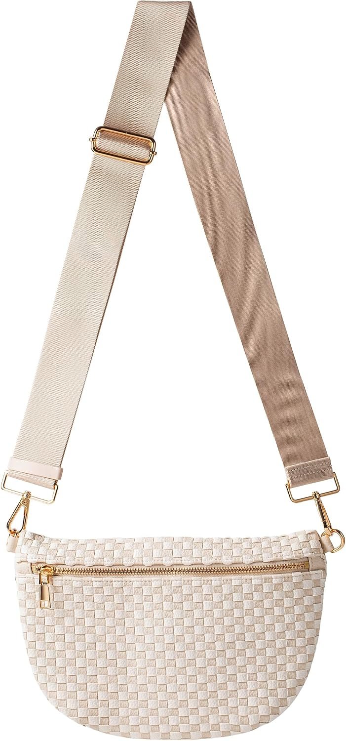 Woven Crossbody Bag for Women, Checkered PU Bum Bag Sling Purse with Adjustable Strap for Travel, Festivals