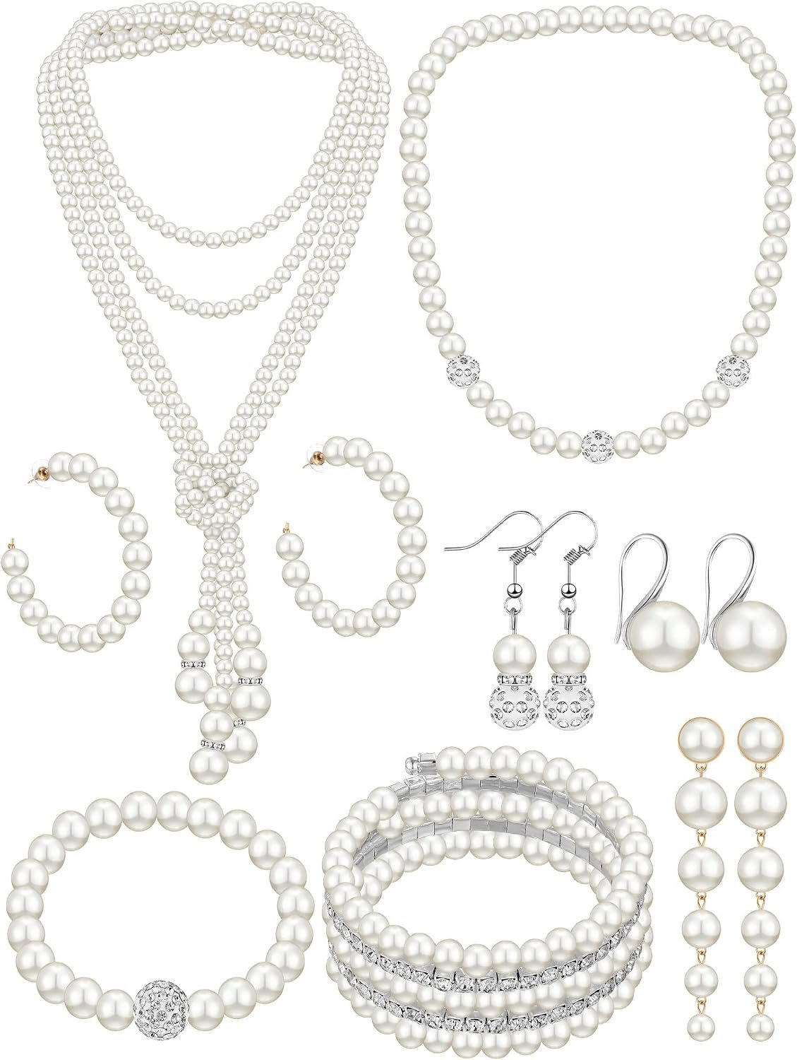 BBTO 8 Pcs Pearl Necklace Earring Set Women Wedding Jewelry