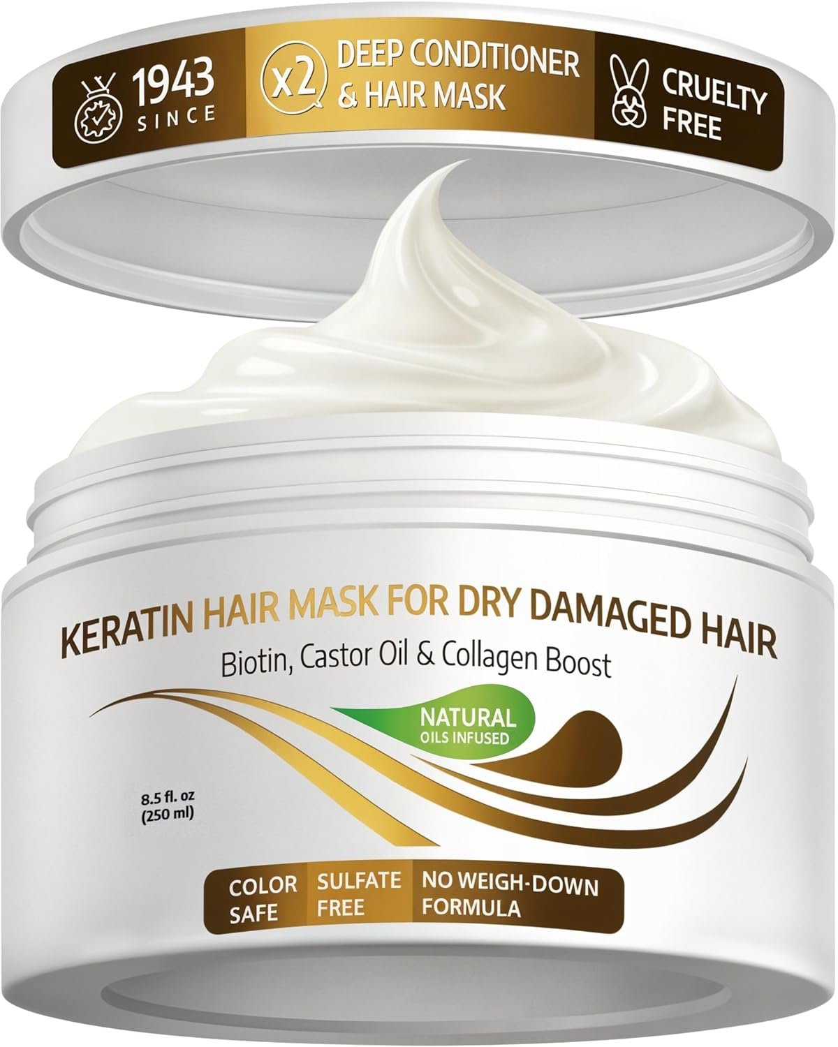 VITAMINS hair cosmetics Keratin Hair Mask – Protein Repair Keratin Treatment – Deep Conditioner for Dry, Damaged, Curly, Straight & Frizzy Hair with Biotin, Collagen & Castor Oil – 8.5 Fl Oz
