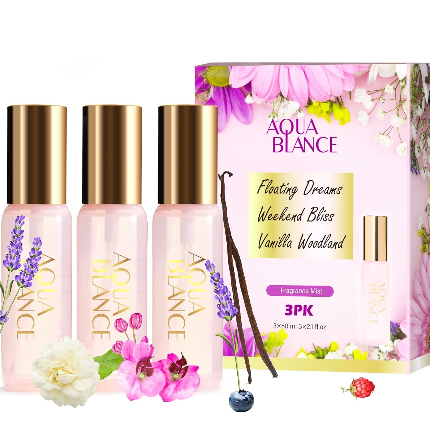AQUA BLANCE Body Spray Set for Women, Each 60ml/2.1 FlOz, Travel Size Womens Fragrance Body Spray, Three Scents – Vanilla Woodland, Lavender, Jasmine Raspberry