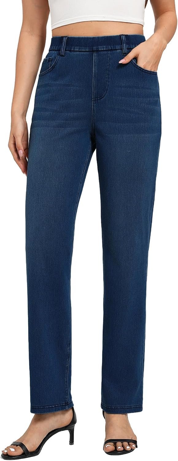 Women’s Straight Leg Jeans Stretch Sweatpant Jeans Pull on High Waisted Comfort Soft Denim Pants