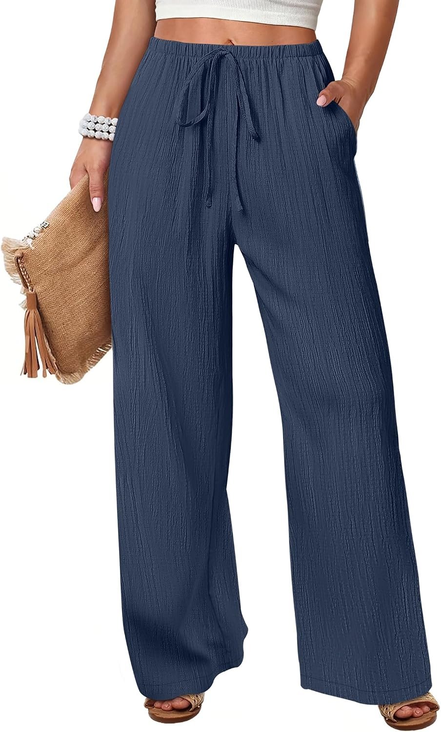 ANRABESS Womens Wide Leg Casual Flowy Elastic Waist Beach Palazzo Pants