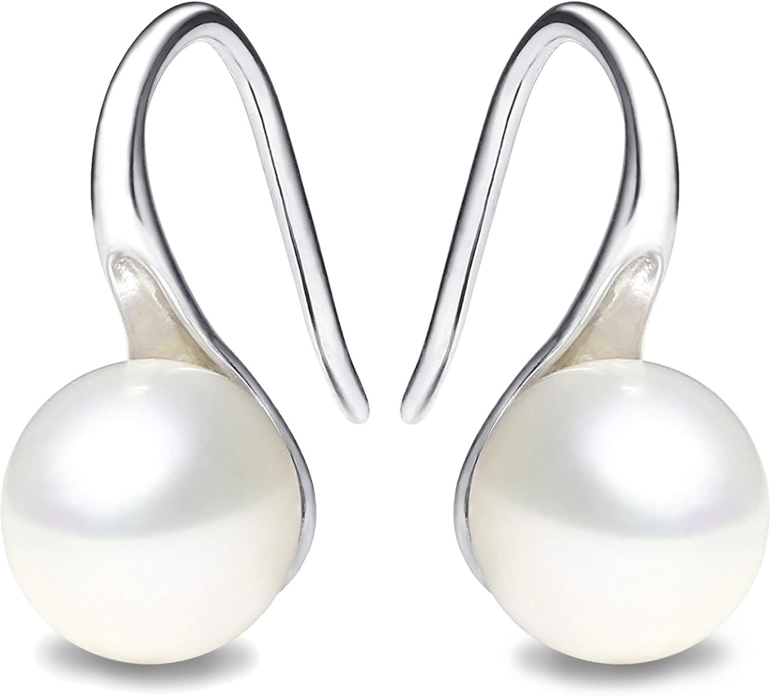 925 Sterling Silver Hoop Handpicked AAA+ Quality 7.5-8mm White Freshwater Cultured Pearl Dangle Drop Earrings Jewelry for Women