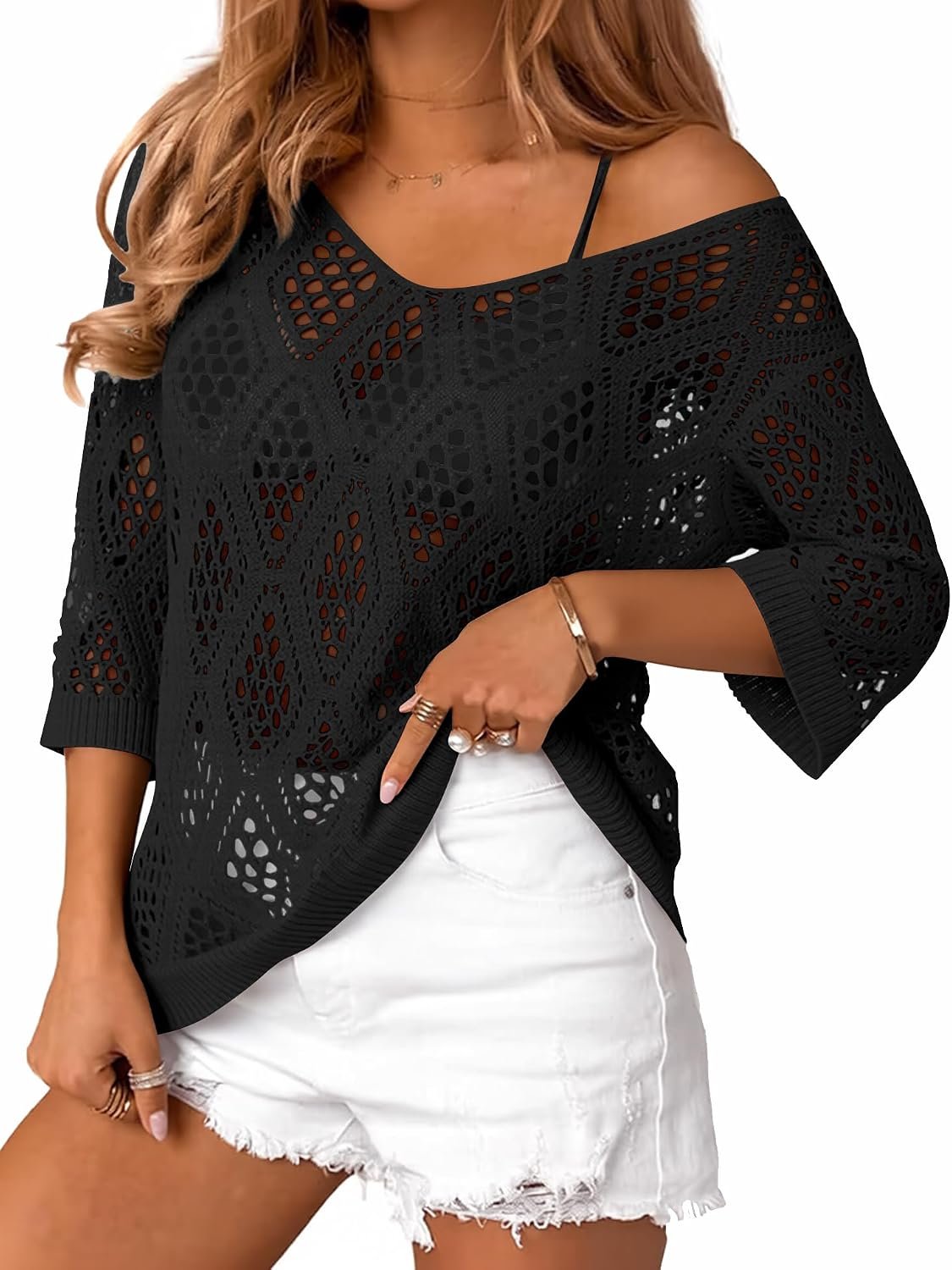 LOMON Womens 3/4 Sleeve Crochet Tops Summer V Neck Beach Cover Ups