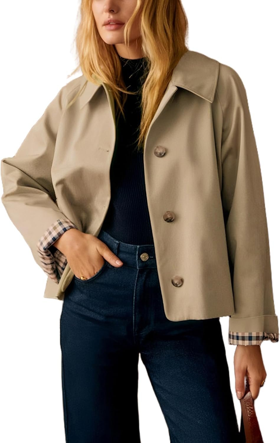 Dqbeng Womens Short Trench Jacket Plaid Lining Button Front Lightweight Classic Casual Outerwear with Pockets