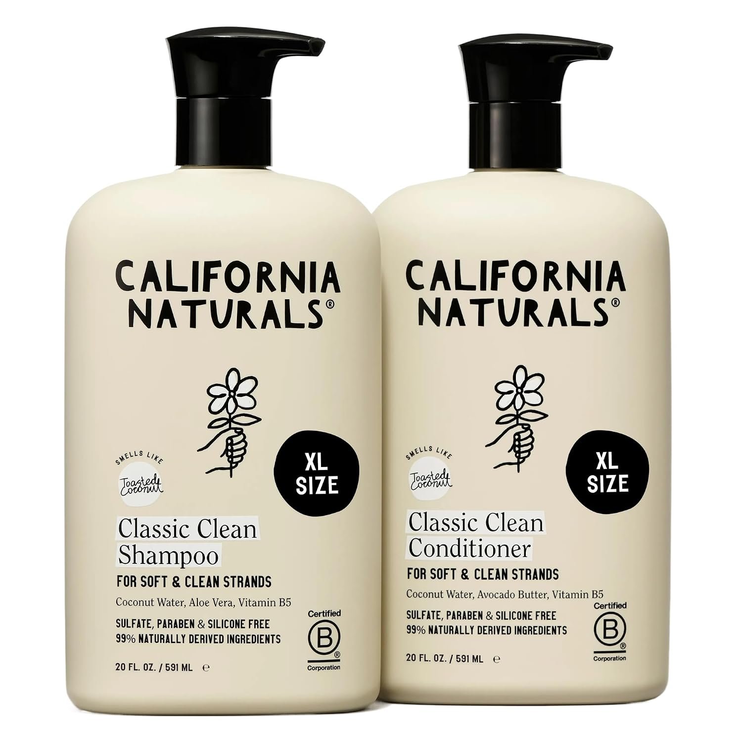 California Naturals Classic Clean Toasted Coconut Shampoo Conditioner Set, Natural, Vegan, Cruelty, Silicone, Paraben, and Sulfate Free, All Hair Types, 20 Fl Oz