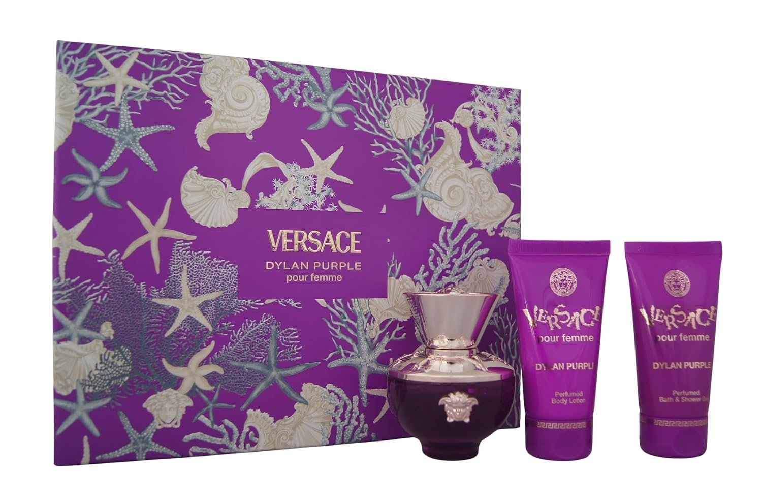 Versace Dylan Purple for Women – 3 Pc Gift Set 1.7oz EDP Spray, 1.7oz Perfumed Bath and Shower Gel, 1.7oz Perfumed Body Lotion