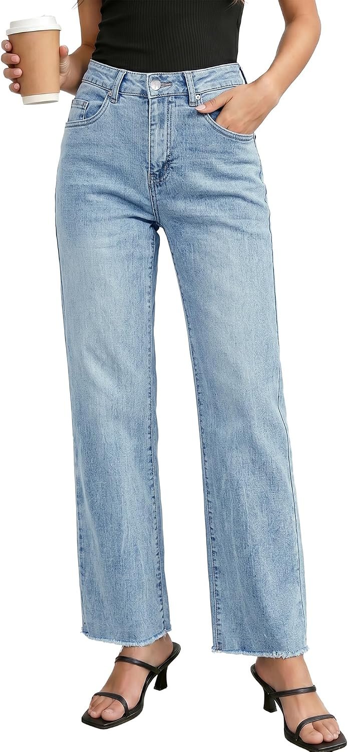 GRAPENT Straight Leg Jeans for Women High Waisted Stretchy Frayed Raw Hem Loose Denim Pants Casual Baggy Jean Trousers