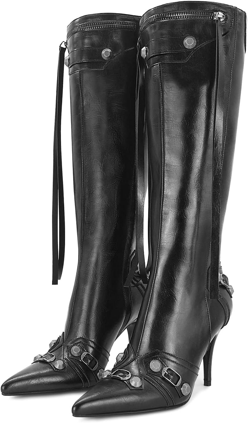Dsevht Women’s Stiletto Black Knee High Boots Sexy Pointed Toe Boot Fashion Trendy High Heel Boots Zipper