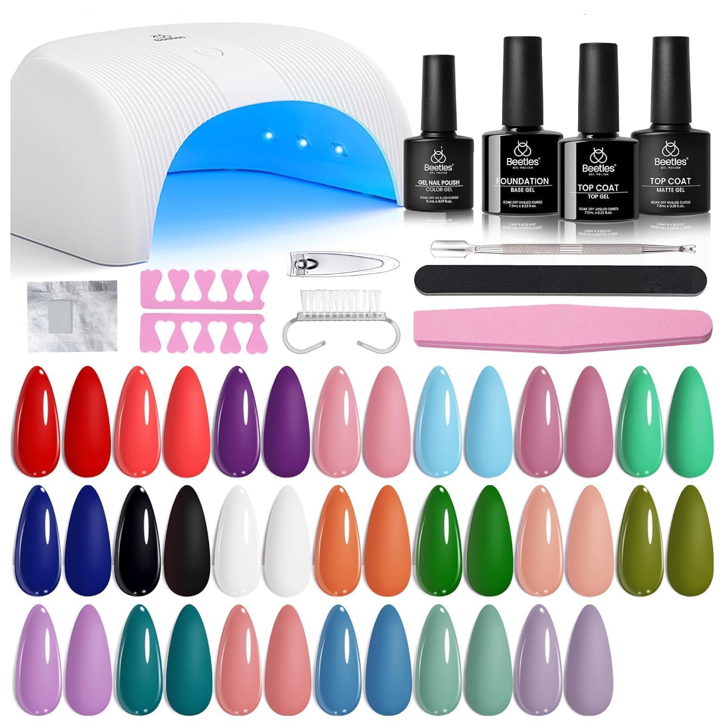 Beetles Gel Nail Polish Kit with U V Light – 31Pcs Popular Color Set | Gel Nail with Base and Matte&Glossy Top Coat Soak Off All Season DIY Manicure Kit Art Gifts for Women
