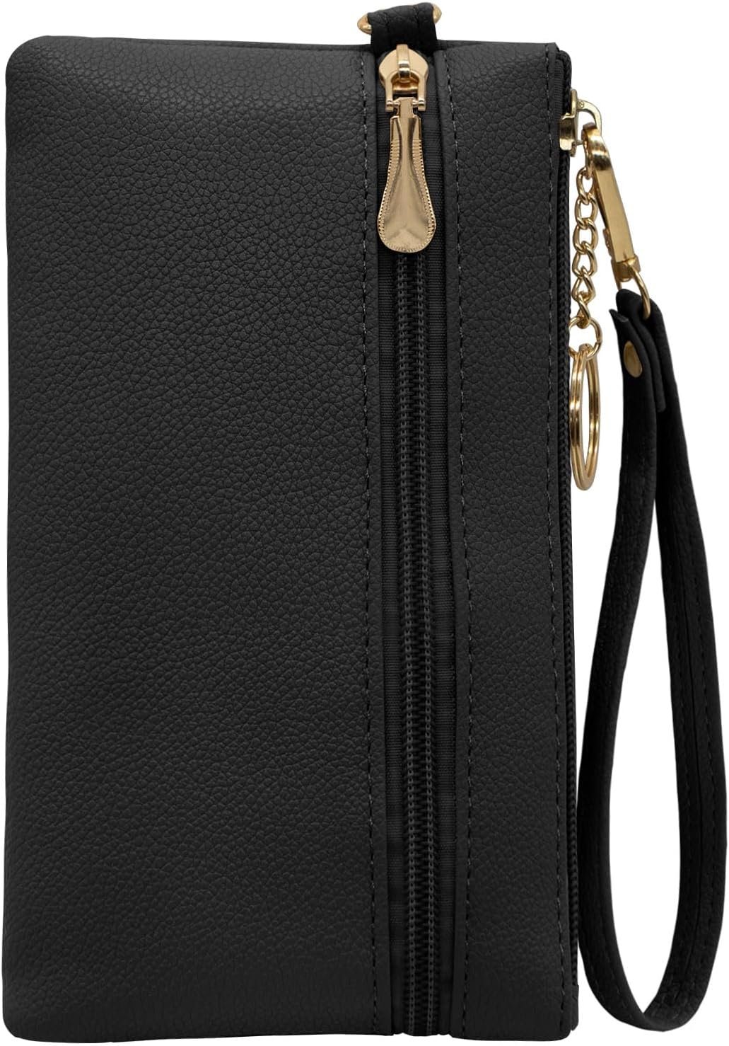 LJCZKA Leather Wristlet Wallet for Women Men Large Capacity Clutch Handbags Purses Long Cellphone Credit Card Holder Pocket Bag with Wrist Strap, Keychain (Black2)