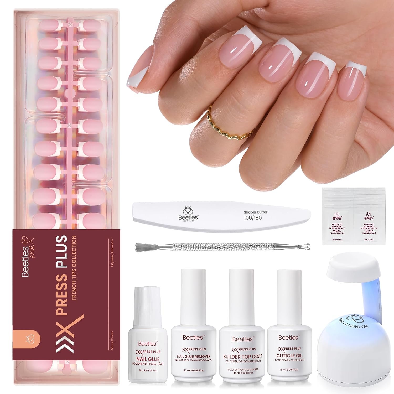 Beetles French Tip Press On Nail Kit – Short Square 150Pcs Pink