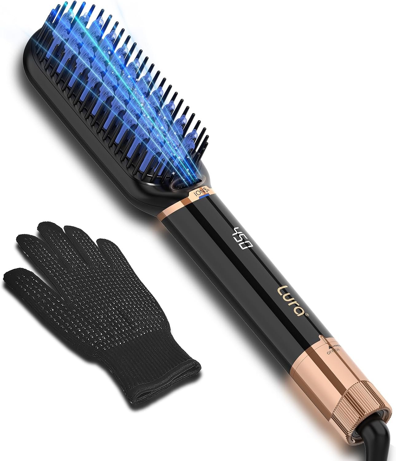 LURA Ionic Hair Straightener Brush,Dual Voltage Hair Straightening Brush for Women,High Heat Flat Iron Brush for Black Women，Ceramic Hair Straightener Comb with 6 Adjust Temperature